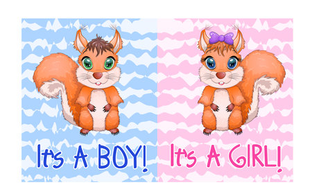 Cute animals at the invitation of a baby shower, a boy and a girl. Cute cartoon squirrel with beautiful eyes.のイラスト素材