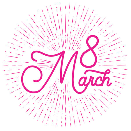 typographic illustration of 8 MARCH retro label with light rays. lettering composition.のイラスト素材