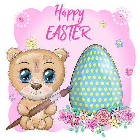 Cute bear with a brush and an ornate egg, phrase Happy Easter. Easter eggs, branches with leaves, flowers, greeting cardのイラスト素材