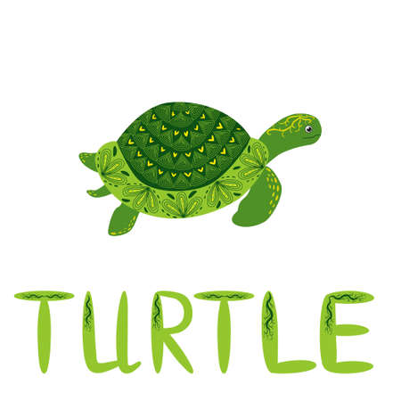 Scandinavian style green turtle with shell hand painted pattern hand drawn and signed with beautiful...