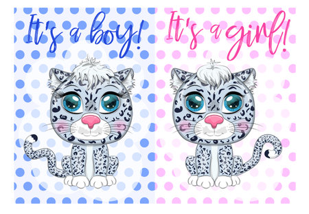 Baby Shower greeting card with Cute boy and girl. Cartoon snow leopard couple with expressive eyes. leopard snow, irbisのイラスト素材