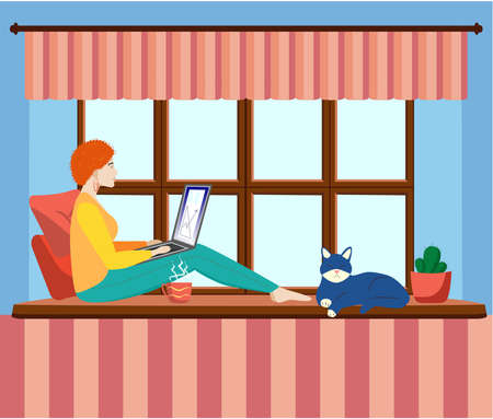 A young woman works or studies from home, sitting on the windowsill, in a cozy atmosphere, with tea and a cat.のイラスト素材