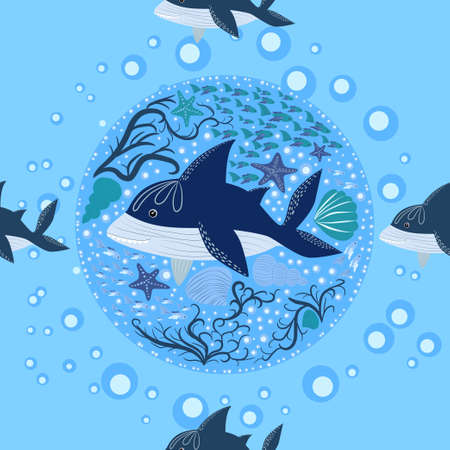 seamless pattern Shark in Scandinavian style surrounded by fish, starfish, seaweed, seashells, hand drawnのイラスト素材