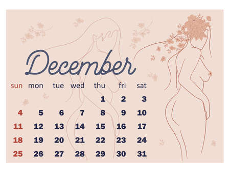 Beautiful silhouettes of women with flowers, beige tone. Wall horizontal calendar for 2022, week starts on Sunday. A4 format.のイラスト素材