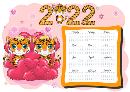 Calendar 2022. Tiger - a symbol of the new year, Cartoon tiger. Chinese horoscope calendar, horizontal A4 format, calendar for 12 months. Week starts on Sundayのイラスト素材