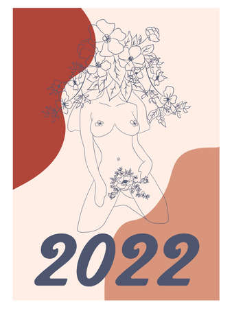 Silhouette of a woman, female body, body positive with flowers, trendy beige, template. Wall...