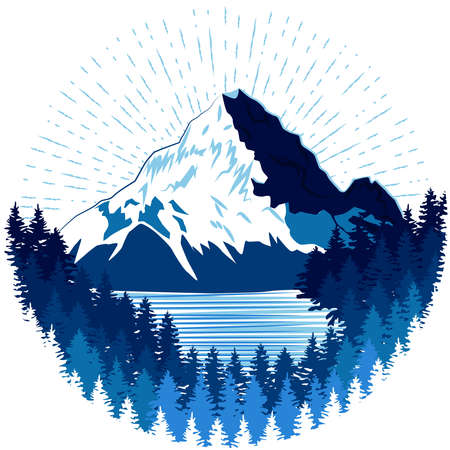 Mountain textured in blue, as well as forest and lake. Nature concept, logo. Sketch illustrationのイラスト素材