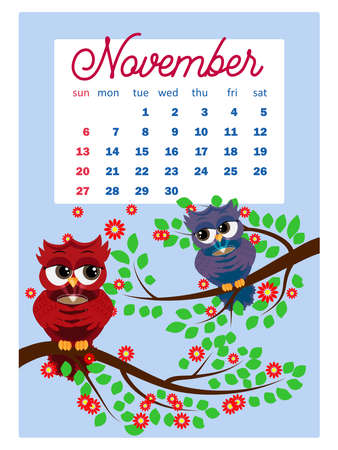 Calendar 2022. Cute calendar with funny cartoon owls. Cute owls and birds for every month. Wall vertical calendar for 2022, the week starts on Sunday. A4 format.のイラスト素材