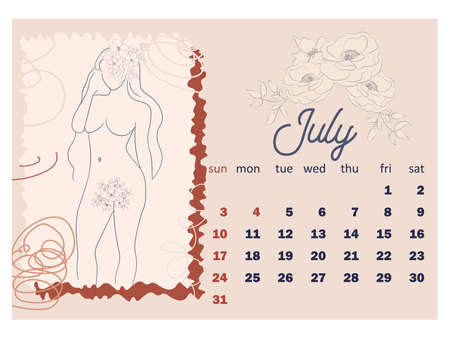 Silhouette of a woman, female body, body positive with flowers, trendy beige, template. Wall horizontal calendar for 2022, week starts on Sunday. A4 format.のイラスト素材