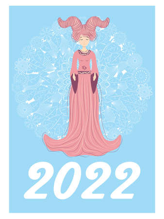 Horoscope Vertical calendar for 2022 with female zodiac signs, week starts on Sunday. A4 format. Zodiac signs: Capricorn, Aquarius, Aries, Pisces, Virgo, Libra, Scorpio, Sagittarius, Taurusのイラスト素材