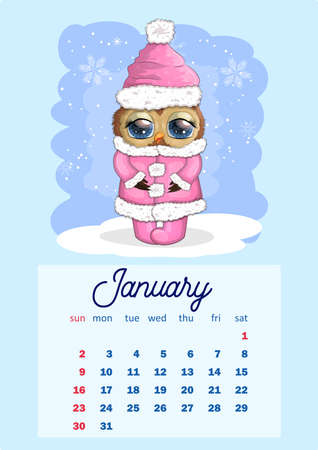 Cute cartoon owl with beautiful eyes. Wall calendar design template for 2022, A4 format for each month. Week starts on Sunday.のイラスト素材