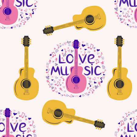 Love music seamless pattern with country guitar, music notes, treble clef, hearts, decorative elementsのイラスト素材