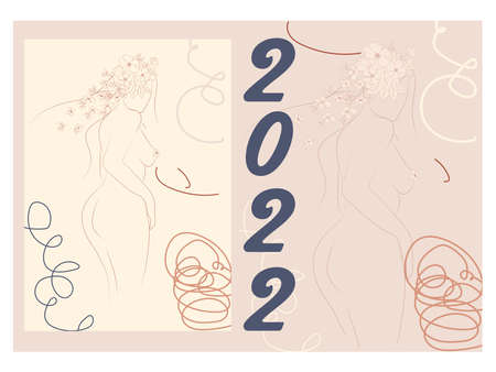 Beautiful female figure, simple minimal linear style, body positive emblem, abstract badge for lingerie designer. horizontal calendar for 2022, week starts on Sunday. A4 format.のイラスト素材