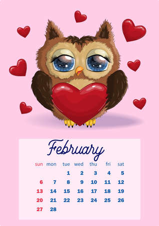Cute cartoon owl with beautiful eyes. Wall calendar design template for 2022, A4 format for each month. Week starts on Sunday.のイラスト素材