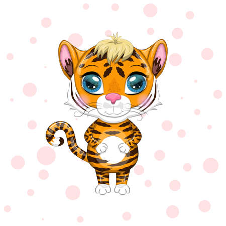 Cute cartoon tiger with beautiful eyes, bright, orange. Illustrations for Chinese New Year 2022, year of the Tiger. Lunar new year 2022.のイラスト素材
