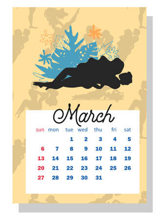 Concept calendar for 2022. Beautiful couples for every month of the year, silhouettes, relationships, family, Kama Sutra poses. vertical calendar for 2022, the week starts on Sunday. A4 format.のイラスト素材