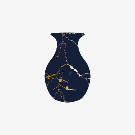 Renovated kintsugi japanese vase art color sketch engraving illustration. Imitation of scratch board style. Teapot, plate, vaseのイラスト素材