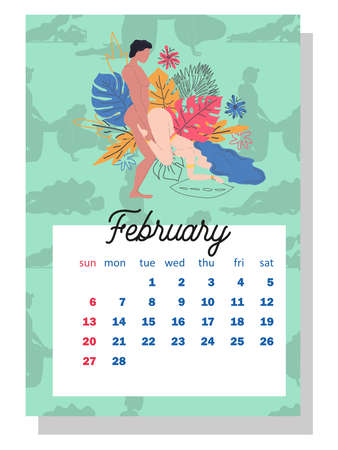 Concept calendar for 2022. Beautiful couples for every month of the year Kama Sutra poses. people make love. vertical calendar for 2022, the week starts on Sunday. A4 format.のイラスト素材