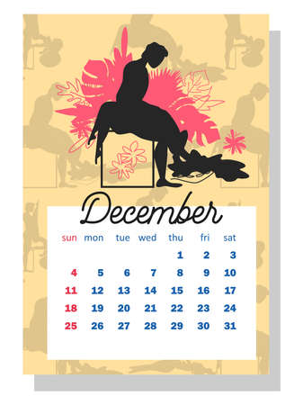 Concept calendar for 2022. Beautiful couples for every month of the year, silhouettes, relationships, family, Kama Sutra poses. vertical calendar for 2022, the week starts on Sunday. A4 format.のイラスト素材