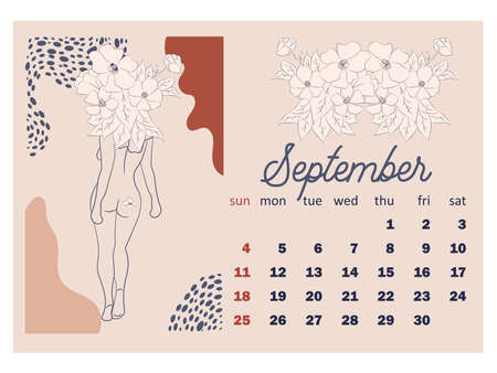 Beautiful female figure, template in simple minimal style, body positive emblem. horizontal calendar for 2022, week starts on Sunday. A4 format.のイラスト素材