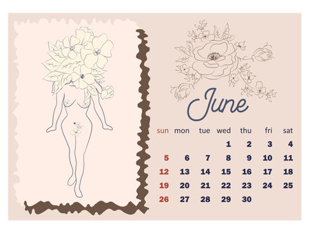 Beautiful female figure, template in simple minimal style, body positive emblem. horizontal calendar for 2022, week starts on Sunday. A4 format.のイラスト素材
