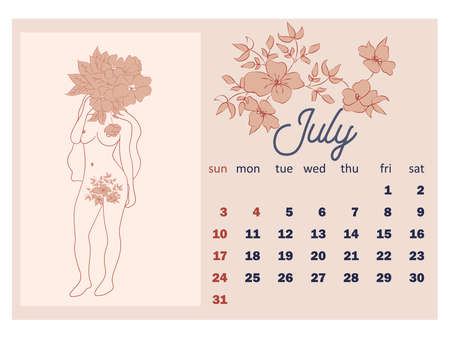 Beautiful silhouettes of women with flowers, beige tone. Wall horizontal calendar for 2022, week starts on Sunday. A4 format.のイラスト素材