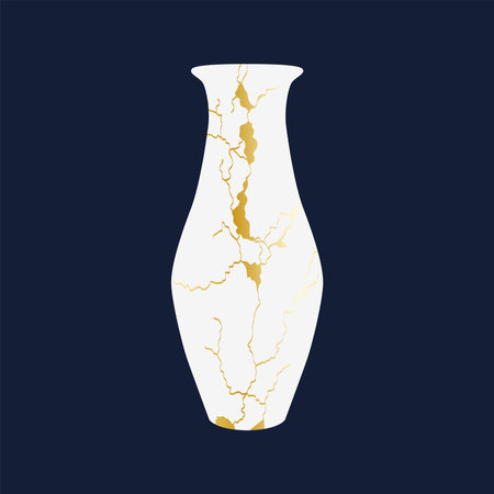 Renovated kintsugi japanese vase art color sketch engraving illustration. Imitation of scratch board style. Teapot, plate, vaseのイラスト素材