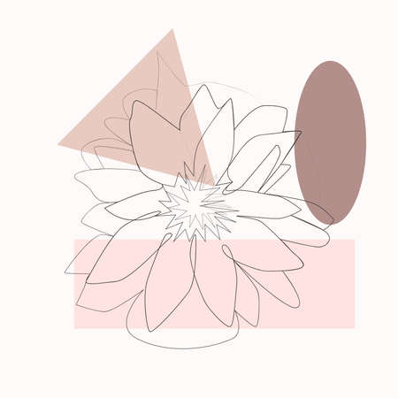 One line with minimal shapes, patterns, tropical leaves and flower. Abstract illustration for fashion design, modern cover, poster, template in minimal flat styleのイラスト素材