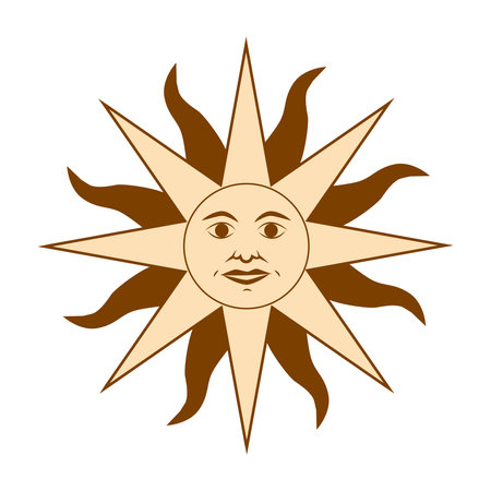 Magic concept, vintage sun with face, gold, trending beige, stylized engraving. Illustration for astrology, boho design, pagan symbols for fortune telling.のイラスト素材