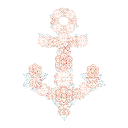 Hand drawn illustration of romantic sea anchor entwined with rose flowers, anchor, flower