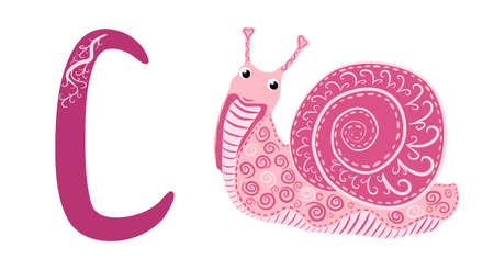 Letter C lowercase cute children colorful zoo and animals ABC alphabet tracing flashcard of Colorful Cochlea for kids learning English vocabulary and handwritingのイラスト素材