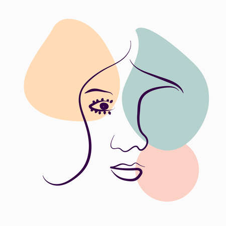 Women's portraits. Female abstract hand-drawn modern portrait, silhouettes of fashionable girls, modern posters with female faceのイラスト素材