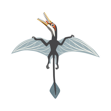 Flying Ramforkhin, prehistoric dinosaurs collection. Ancient animals. Hand drawn. In a frame of flowers and leaves.のイラスト素材