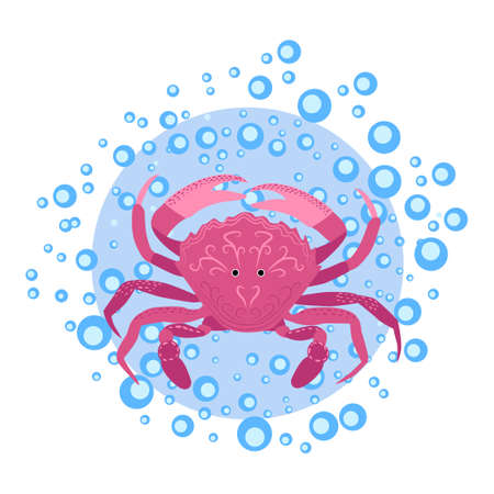 Funny red crab hand drawn among water bubbles. Cute marine life, Scandinavian style, detailed.のイラスト素材