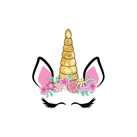 Fabulous cute unicorn with golden gilded horn and closed eyes.のイラスト素材