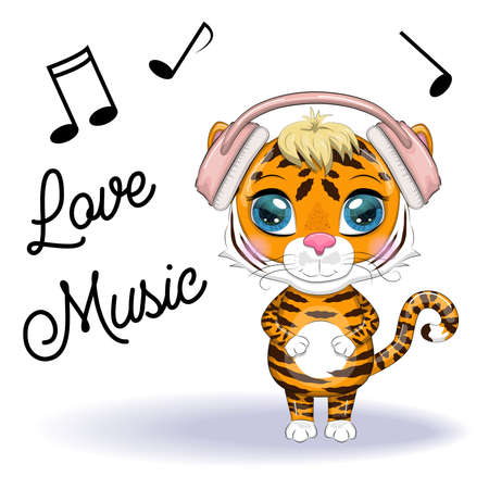 Cute cartoon tiger with beautiful eyes in headphones, love of music. Illustrations for Chinese New Year 2022, Year of the Tiger. Lunar new year 2022のイラスト素材