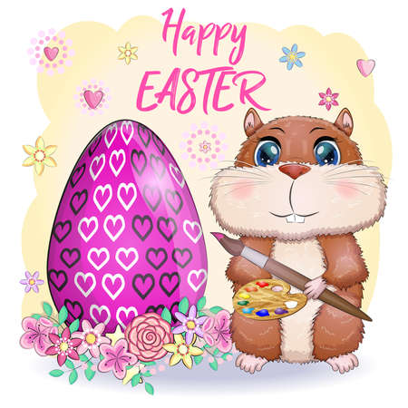 Cute hamster with easter egg, hamster cartoon characters, funny animal character, Easter concept, postcardのイラスト素材