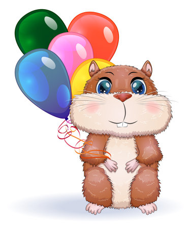 Cute cartoon hamster characters, funny animal with balloons, birthday card, holidayのイラスト素材