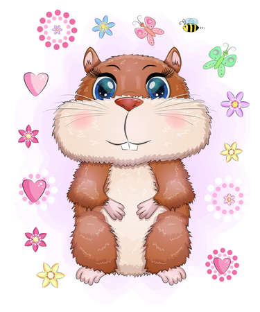 Cute cartoon hamster characters, funny animal in flowersのイラスト素材