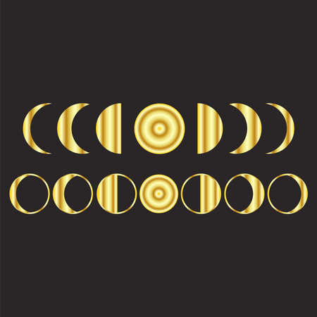 Golden moon phases icon Night space astronomy and nature moon phases sphere shadow. The whole cycle from new moon to full moonのイラスト素材