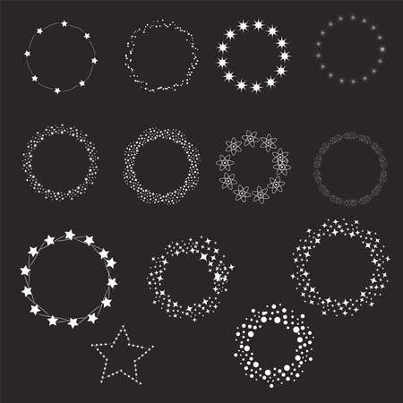 Set of round Frame made of stars, bright, white, glowing on a dark background.のイラスト素材