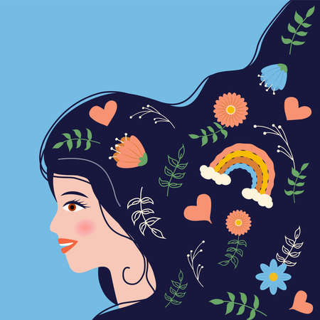 Growing flowers as a concept for developing positive thinking and watering as an act of caring for our mental health. Conceptual illustration of caring and nurturing our mental healthのイラスト素材