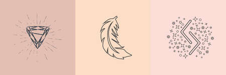 Esoteric symbols. Scheme icon for alchemy or sacred geometry. Mystical and magical design with crystals, sun, stars, skull and moon. Feather, runes, potion, goblet, pentagram, spider web, dreamcatcherのイラスト素材