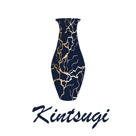 Renovated kintsugi japanese vase art color sketch engraving illustration. Kintsugi inscription.のイラスト素材