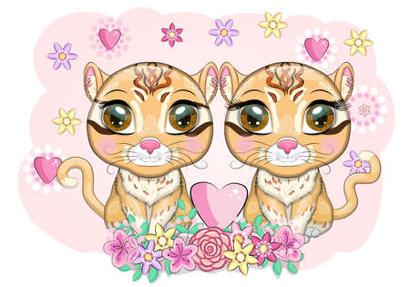 Baby Shower greeting card with Cute boy and girl. Asian golden cat with characteristic spots and colorsのイラスト素材