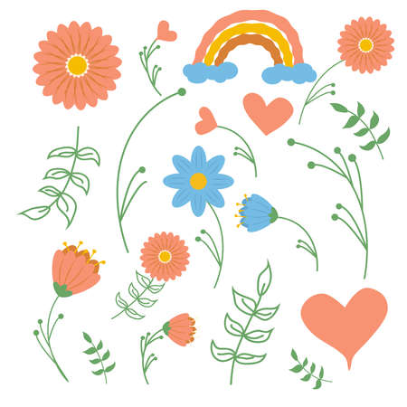 Boho rainbow, heart and flowers. Set clipart elements Valentine's day in boho style. Bohemian romanticのイラスト素材
