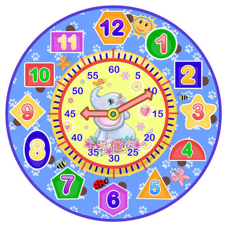 Cute baby elephant on the watch face. Adorable cartoon animals. Dial for alarm clock, table, wall clock models, wrist watches, pocket watches, timer or stopwatch for children.のイラスト素材