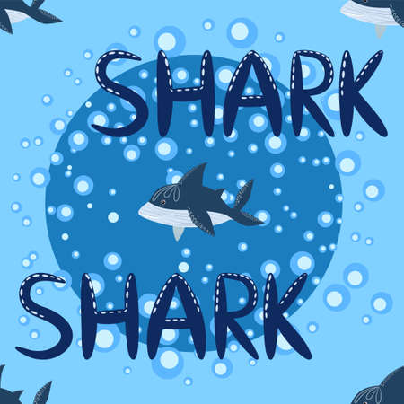 seamless pattern Shark in Scandinavian style surrounded by fish, starfish, seaweed, seashells, hand drawnのイラスト素材