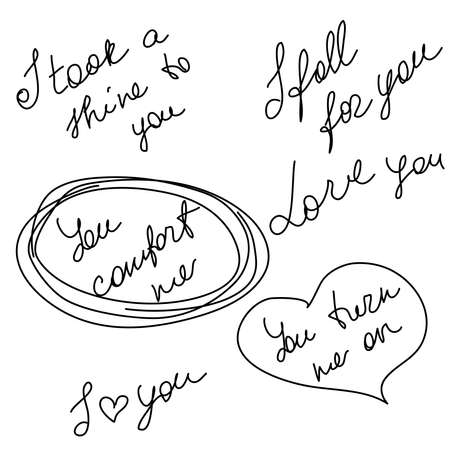 set of word LOVE original custom hand lettering, handmade calligraphy, design with elements of the flourish heart, Valentine and infinityのイラスト素材