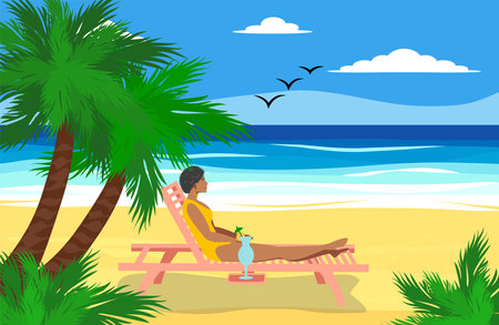 A woman lies on a sun lounger on a sandy beach near the ocean, drinks a cocktail and relaxes. Vacation at sea conceptのイラスト素材